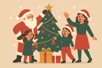 Christmas family santa tree gifts holiday season celebration festive joy happiness togetherness decor vector illustration