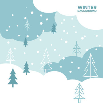 Abstract Light Blue Winter Background with Snowfall and Pine Tree Outlines