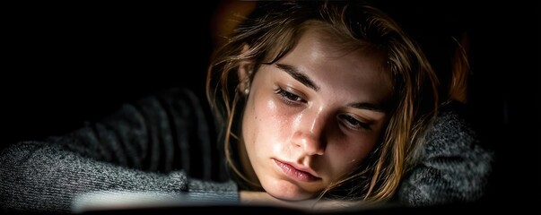 Exhausted student slumped over laptop desk concept. A young woman deeply focused on reading in low light.