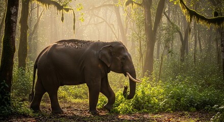 Fototapeta premium Forest elephant with rounded ears, long straight tusks, and dark wrinkled skin, standing among dense rainforest vegetation. Smaller and stockier than savanna elephants, blending into the shadows.