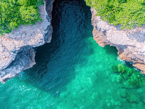 An aerial view captures the vibrant turquoise waters of the ocean meeting rugged, rocky cliffs covered in dense green foliage.
