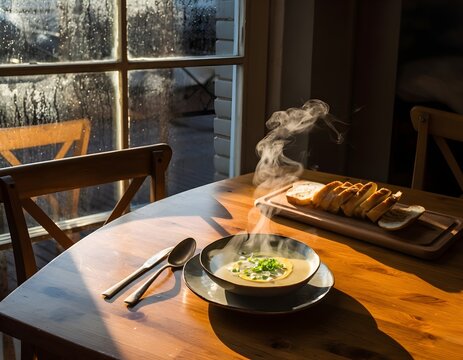 Creamy Potato Soup on Rustic Table by Rainy Window
