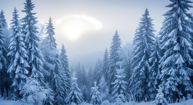 Snow-covered pine trees in a misty winter forest at dawn - Powered by Adobe