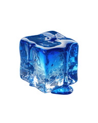 Blue-tinted ice cube melting, creating shiny drips