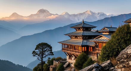 Serene Himalayan monastery nestled amidst misty blue mountain ranges at golden sunrise, evoking peace and ancient wonder