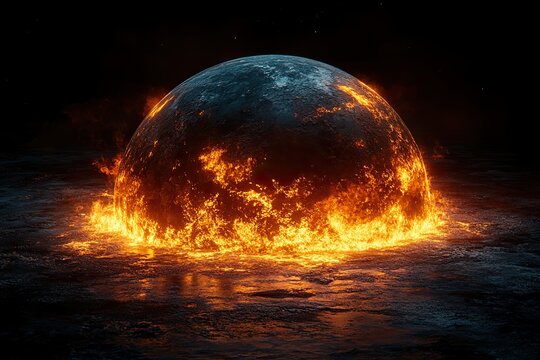 Global warming, A fiery celestial Planet Earth emerges from a dark surface, radiating intense flames and light, creating a dramatic and otherworldly visual effect.