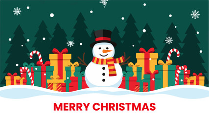 Flat Vector Merry Christmas Card with Snowman and Gifts