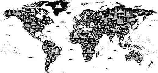 World map illustration with landmarks and animals in black and white detailed design style vector art