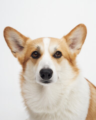 Studio head portrait of corgi looking to side, ears pointed straight up