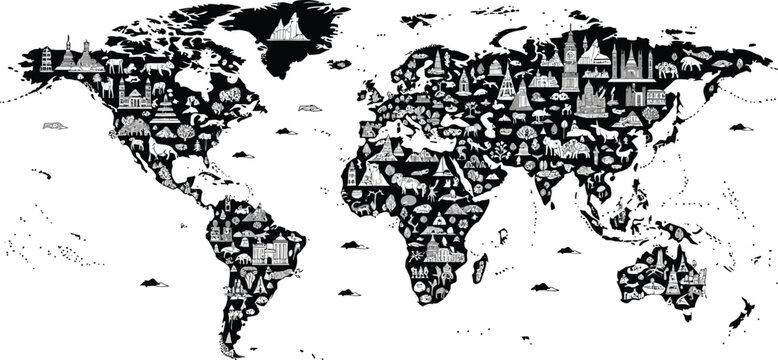World map illustration with landmarks and animals in black and white detailed design style vector art