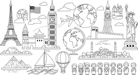 World landmarks and cultural icons in black and white outline drawing style for coloring book page