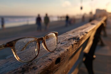 Eyeglasses on a weathered wooden pier railing at sunset, blurred beach scene background
