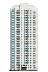 Tall, white apartment building with rows of windows