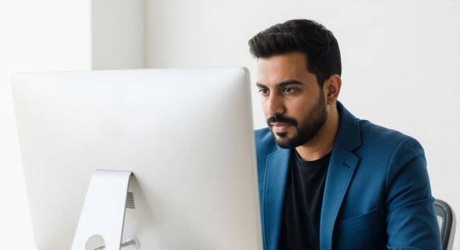 Serious male professional at work — Indian executive reviewing data on computer screen in contemporary office