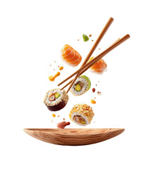 Floating sushi, chopsticks, and soy sauce over wood plate