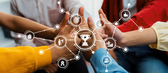 A vibrant depiction of collaboration and success, showcasing diverse hands reaching together with...