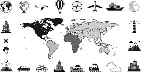 World map with travel icons including airplanes, trains, and landmarks in black and white style