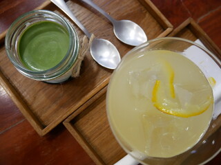 Green tea in a glass, ready to drink