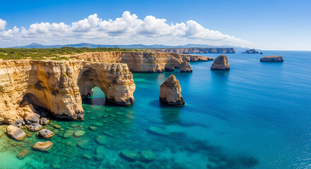 Breathtaking coastal cliffs with natural arches and clear turquoise waters under a bright blue sky with fluffy clouds