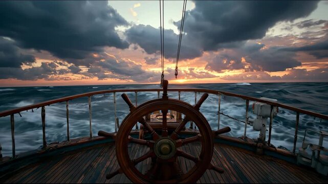 Vintage Ship Steering Wheel Facing Dramatic Sunset Over Wavy Ocean Under Cloudy Sky
