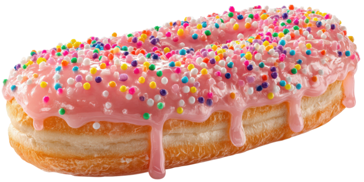 Long donut with pink glaze and colorful sprinkles