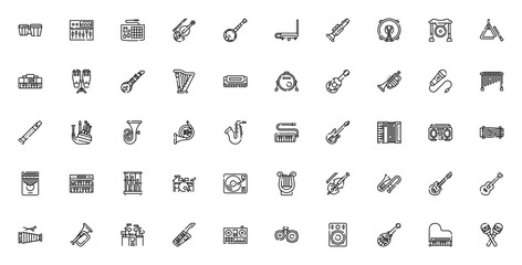 Music Instruments icon set. Vector illustration. Minmalist music icons pack. Icludes symbols for guitar,piano, drum, violin, saxopone, trumpet, microphone ad more. Editable stroke.