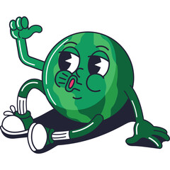 Retro Style Watermelon Character Sitting Down with Arms Outstretched and Whistling Animation Style Illustration