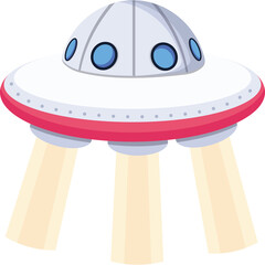Retro Style Flying Saucer With Rocket Exhaust Emitting Yellow Flames And Blue Windows Against A Transparent Background