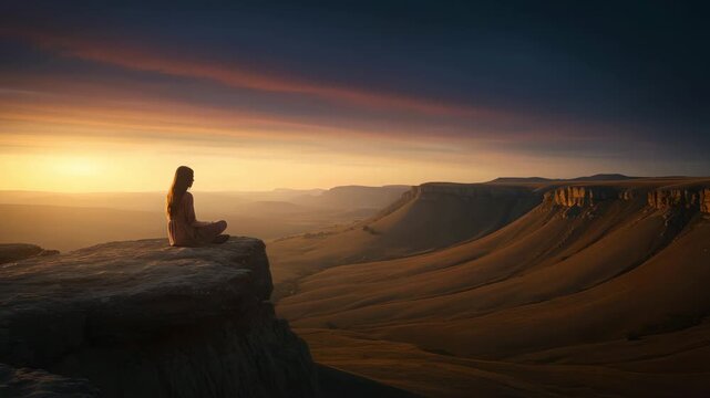 Silhouette of Woman Sitting on Cliff at Twilight
