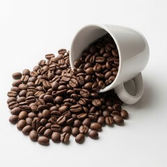 Coffee bean spilled from white mug