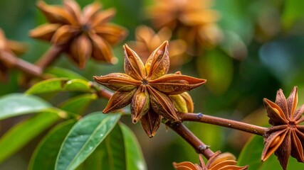 Star anise pod horizontal pan across the base, showing dried spice and plant texture. Exotic food, cooking ingredient, and harvest concept.