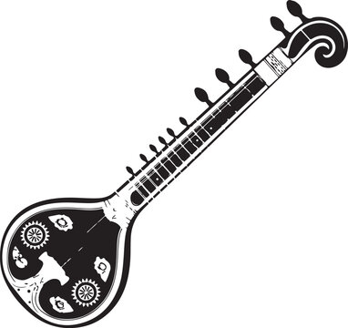 black silhouette of veena on white background, vector