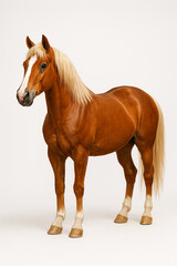 A beautiful chestnut horse with a flaxen mane and tail stands gracefully against a plain white background.
