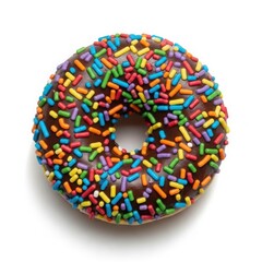 Donut with chocolate frosting and colorful sprinkles