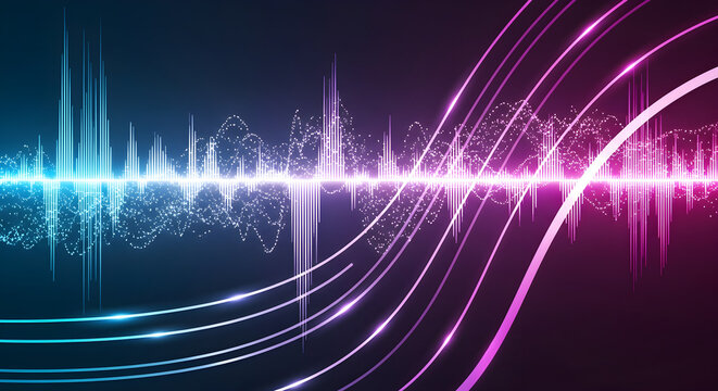 High-definition abstract tech background with fluid digital waveforms, luminous particle trails, and dynamic energy curves. Crisp edges, modern neon gradients, and soft glows create a sleek high-tech 