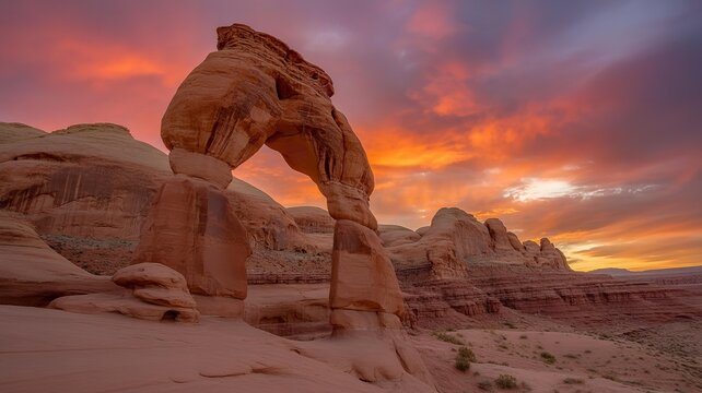 Iconic delicate arch utah at sunset with fiery sky