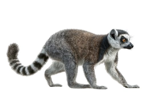 Ring-tailed lemur walks with a striped tail