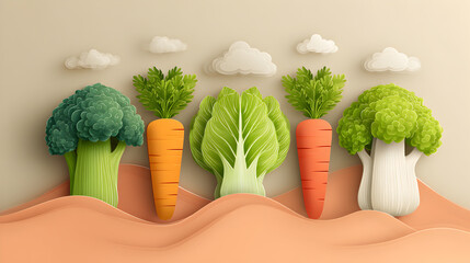 Colorful and Playful Paper Art Depiction of Fresh Vegetables Including Broccoli, Carrot, Cabbage, and Lettuce in a Soft Pastel Landscape with Textured Details