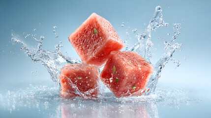 Fresh Watermelon Cubes Splashing in Clear Water with Vibrant Background, Illustrating Refreshment and Summer Vibes Perfect for Food and Beverage Marketing