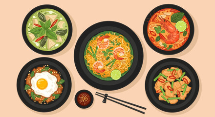 An overhead flat-lay illustration showcasing a vibrant spread of Thai classics like Pad Thai, Tom Yum, and Green Curry in dark bowls, accompanied by chopsticks on a peach background