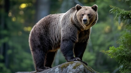 Obraz premium Majestic grizzly bear stands proudly on a rocky outcrop in a lush forest