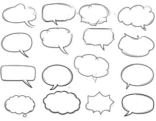 Obraz premium Collection of sixteen unique, hand-drawn, black and white speech bubbles on a white background