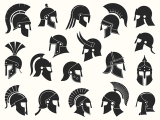 Military helmets vector illustration featuring ancient Roman, Gallic, Norman, Viking, Greek, Spartan, and medieval knight headgear for historical, educational, and design projects.
