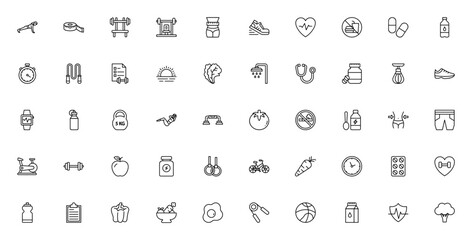 Healthy Life icon set. Fitness and wellness vector ions. Includes symbols for xercise, gym, diet, healthcheck, no smoking, sports quipment and more. Clean vctor design.