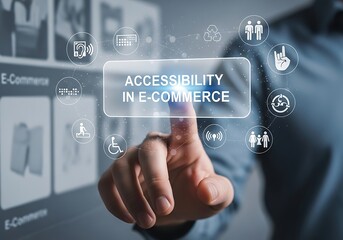 A hand interacts with a virtual screen displaying accessibility in ecommerce, surrounded by various digital icons, emphasizing inclusive design and user experience in online retail