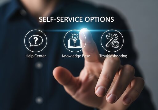 A persons hand interacts with a digital interface showing selfservice options help center, knowledge base, and troubleshooting, representing modern customer support and efficient problemsolving