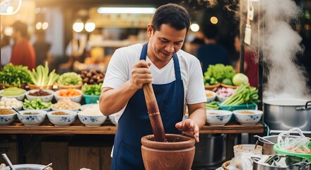Chef Preparing Traditional Asian Street Food with Mortar and Pestle