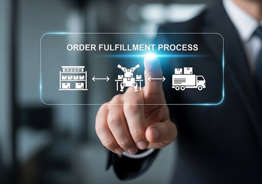 A hand interacts with a virtual screen displaying the order fulfillment process, showing warehouse, automation, and delivery, representing modern logistics and supply chain management technology