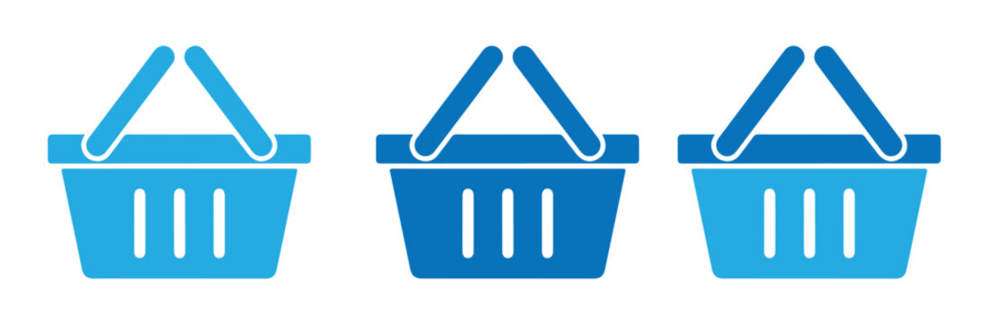 Set of shopping basket icons in various shades of blue, isolated on transparent background these symbols represent retail, commerce, and purchasing, suitable for ecommerce platforms, grocery stores, o