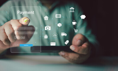 Secure Online Payment Transaction Process concept. A person confirming secure online payment through a digital interface with a verification tick symbol. Internet banking, fintech